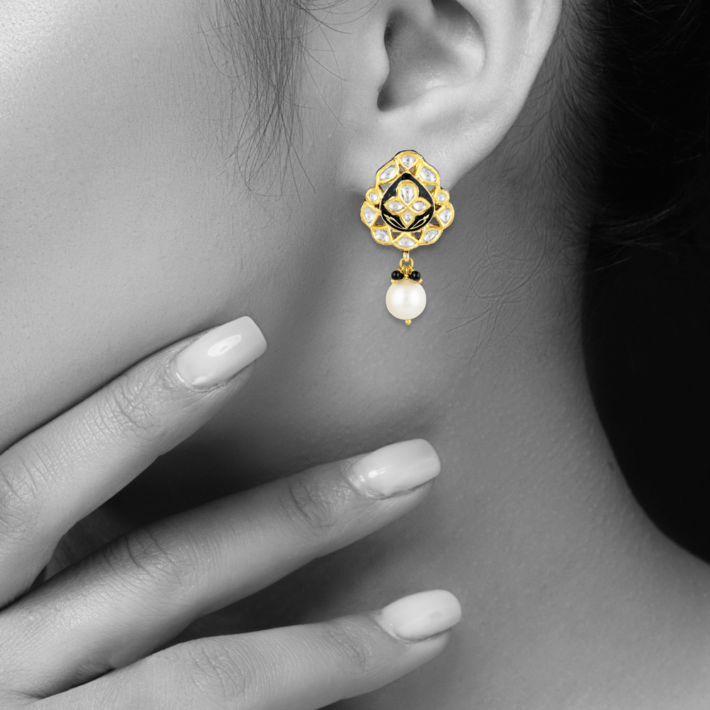Polki Earrings with Black Enamel, Floral Motif & Pearl Drop